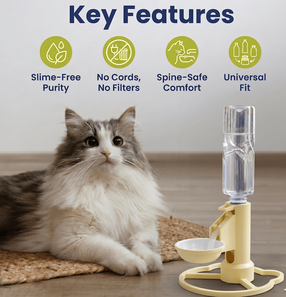 Pumpless Stainless Steel Cat Water Fountain - The Best Filterless Cat Water Fountain, Adjustable Stand, Pure Cat Water Fountain Dispenser for Standard Bottles